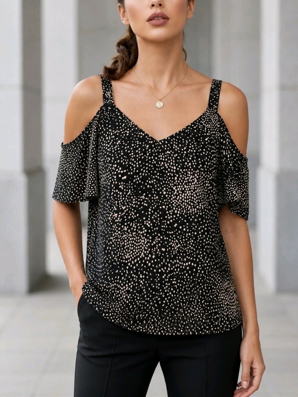 Kaileigh Black Cold-Shoulder V-Neck Dot Print Cami #853